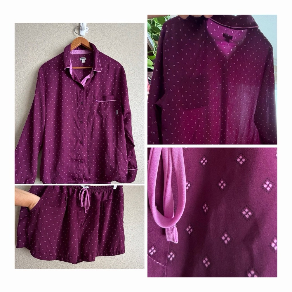 DKNY Women's 2-Piece Pajama Set Size L Plum Purple Micro Dot Sleep Shirt Shorts